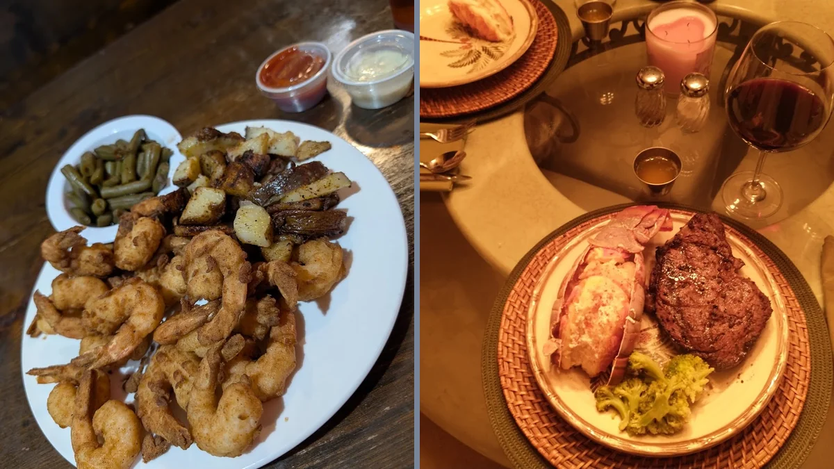 Plated seafood with Southern sides on a casual table.